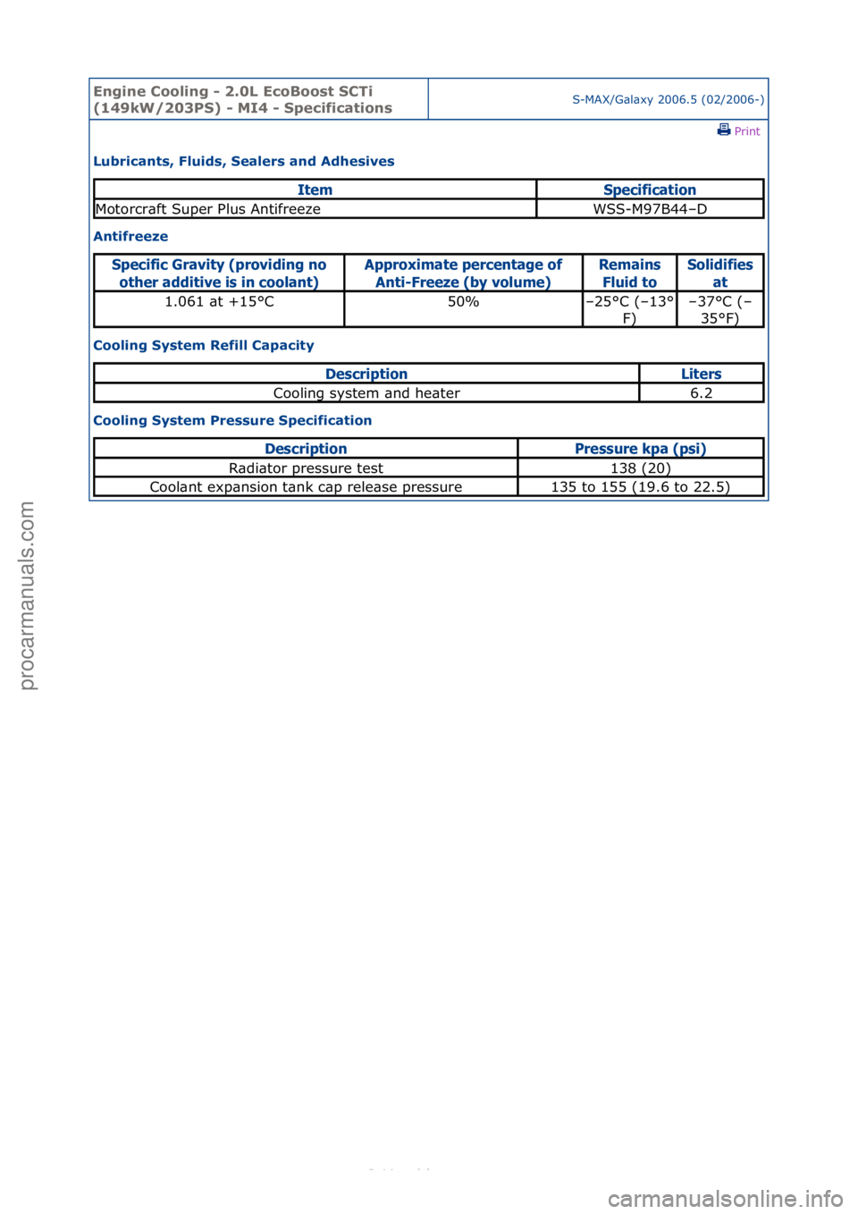 FORD S-MAX 2006  Service Repair Manual Engine C\b\bling - 2\f0L Ec\bB\b\bst SCTi 
(149kW/203PS) - MI4 - Specificati\bnsS-MAX/G\bl\bxy\f2006.5\f(02/2006-)\fPrint \f
Lubricants, Fluids, Sealers and Adhesives 
Antifreeze 
C\b\bling System Ref