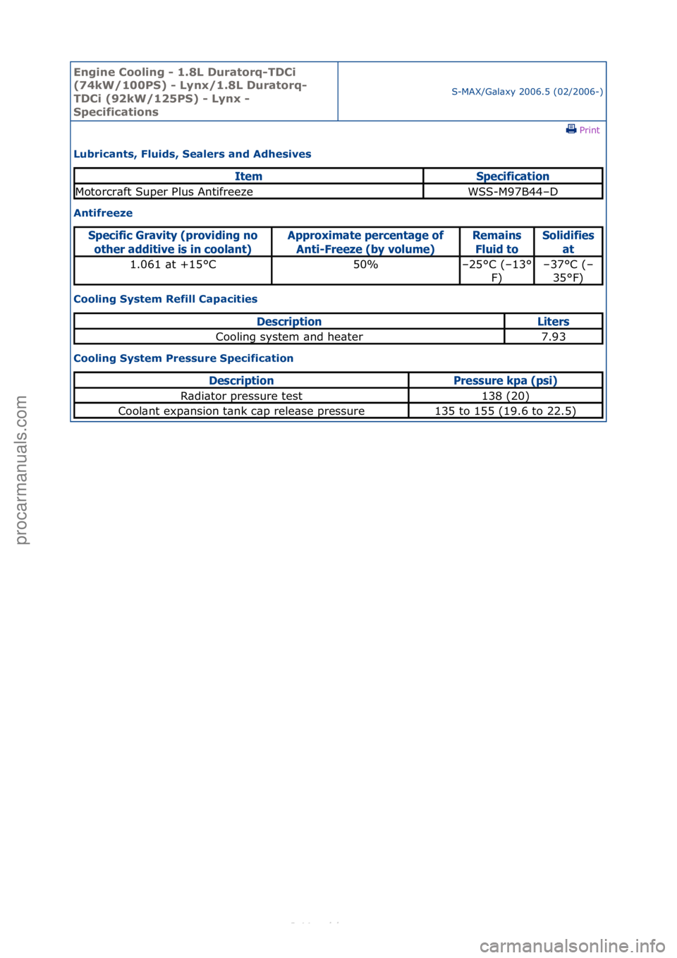 FORD S-MAX 2006  Service Repair Manual Engine C\b\bling - 1\f8L Durat\brq-TDCi 
(74kW/100PS) - Lynx/1\f8L Durat\brq-
TDCi (92kW/125PS) - Lynx - 
Specificati\bns
S-MAX/G\bl\bxy\f2006.5\f(02/2006-)\fPrint \f
Lubricants, Fluids, Sealers and A
