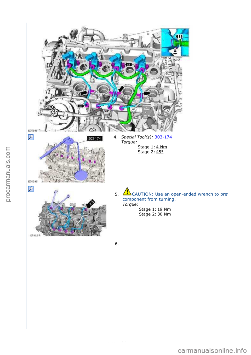 FORD S-MAX 2006  Service Repair Manual 4.Special\bTool(\f):\b 303-174\f
Tor
que:\b \f
4\fNm
\f
45
°\f
St\bge\f1:\f
St\bge\f2:\f
5. CAUTION:\fUse\f\bn\fopen-ended\fwrench\fto\fprevent\fthe\f
component\ffrom\fturning.\f
Torque:\b
\f
19
 \fN