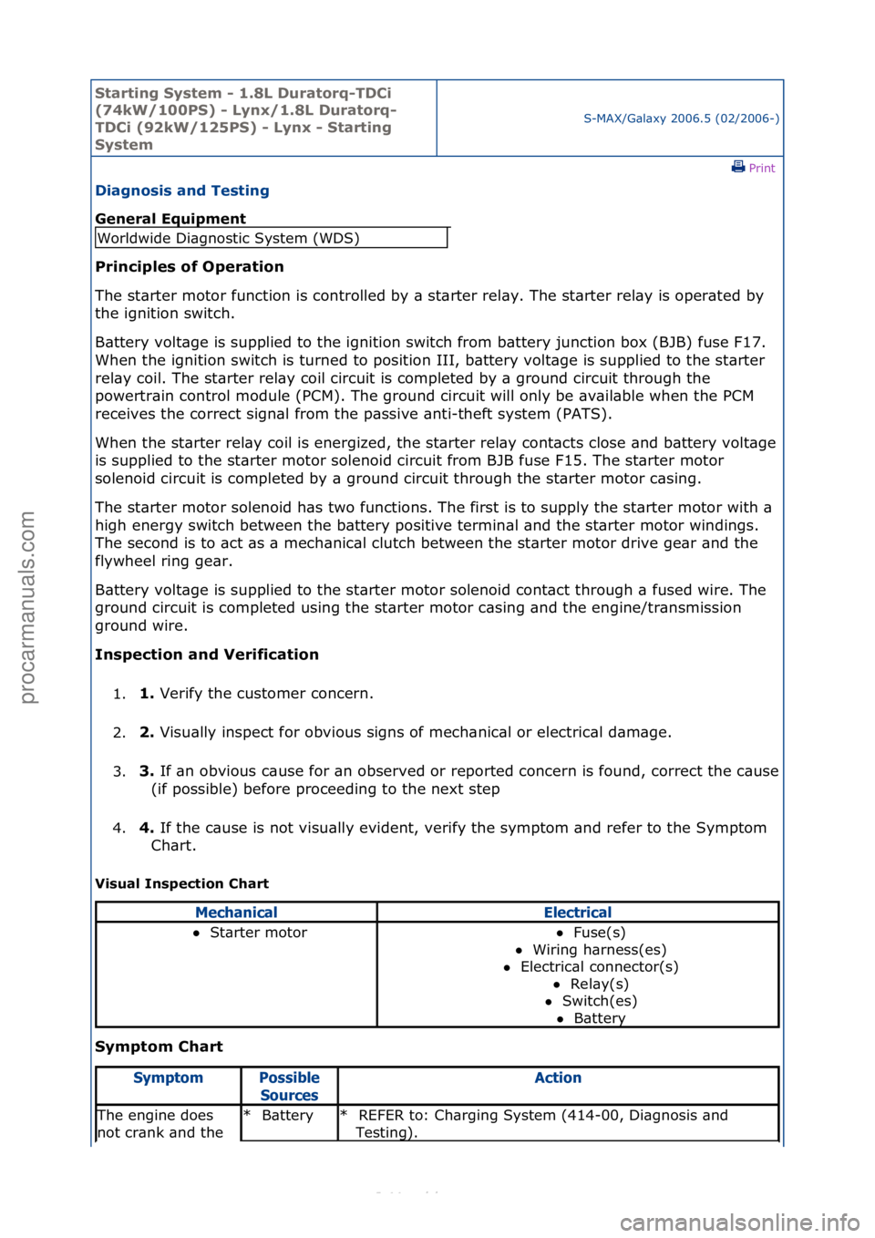 FORD S-MAX 2006  Service Repair Manual Starting\bSyste\f\b-\b1.8L\bDuratorq-TDCi\b
(74kW/100PS)\b-\bLynx/1.8L\bDuratorq-
TDCi\b(92kW/125PS)\b-\bLynx\b-\bStarting\b
Syste\f
S-MAX/G\bl\bxy\f2006.5\f(02/2006-)\fPrint \f
Diagnosis\band\bTestin