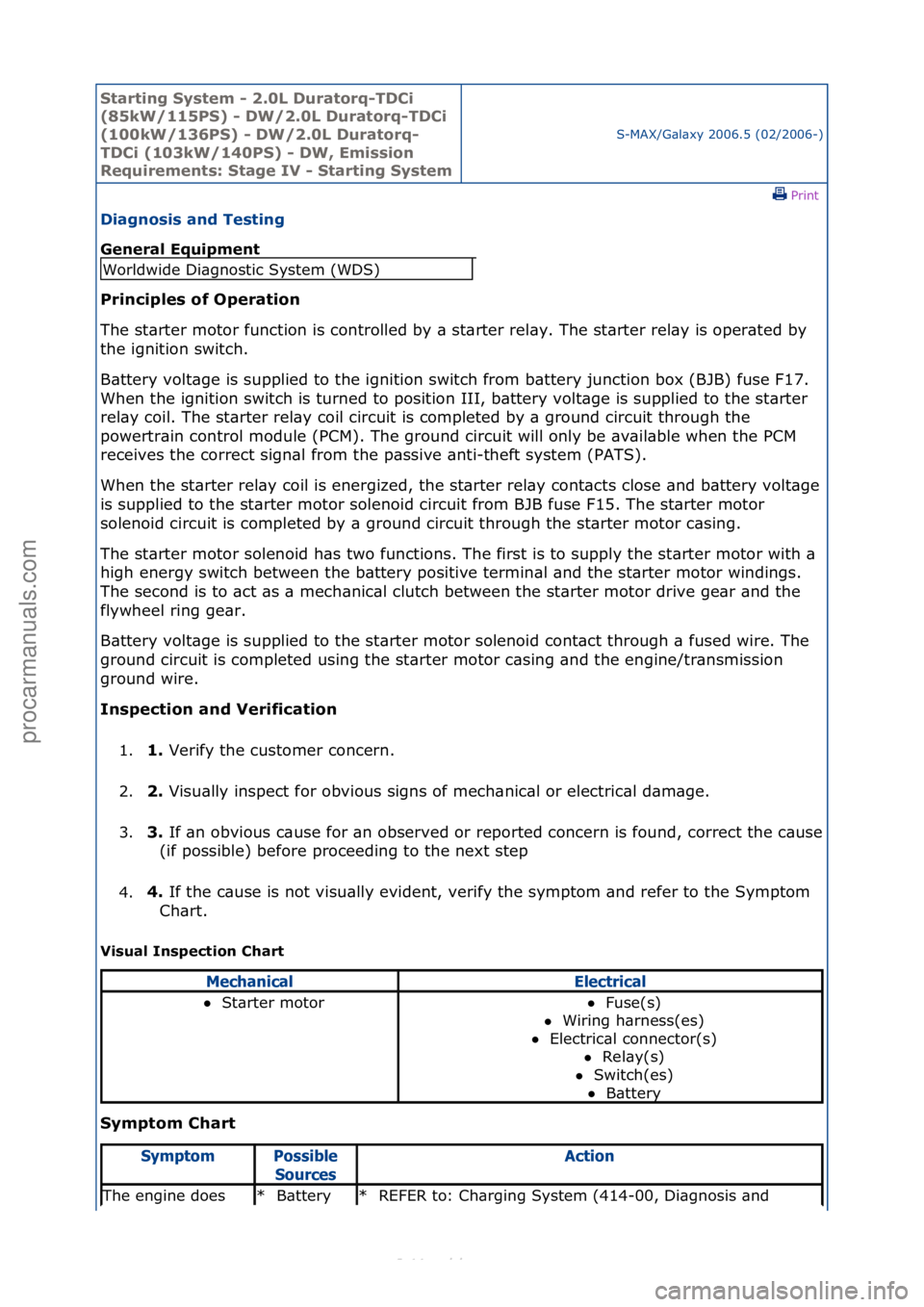 FORD S-MAX 2006  Service Repair Manual Starting\bSyste\f\b-\b2.0L\bDuratorq-TDCi\b
(85kW/115PS)\b-\bDW/2.0L\bDuratorq-TDCi\b
(100kW/136PS)\b-\bDW/2.0L\bDuratorq-
TDCi\b(103kW/140PS)\b-\bDW,\bE\fission\b
Require\fents:\bStage\bIV\b-\bStarti