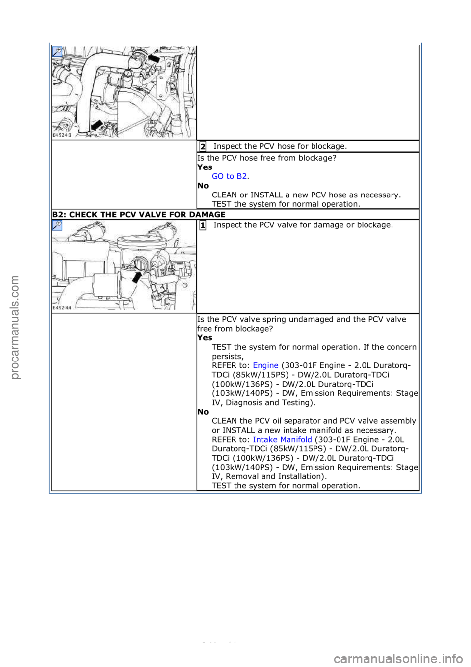 FORD S-MAX 2006  Service Repair Manual Inspect\fthe\fPCV\fhose\ffor\fblock\bge.\f2 
Is\fthe\fPCV\fhose\ffree\ffrom\fblock\bge?\f
Ye\b GO\fto\fB2.\f\f
No  
C

LEAN\for\fINSTALL\f\b\fnew\fPCV\fhose\f\bs\fnecess\bry.\f
TEST\fthe\fsystem\ffor\