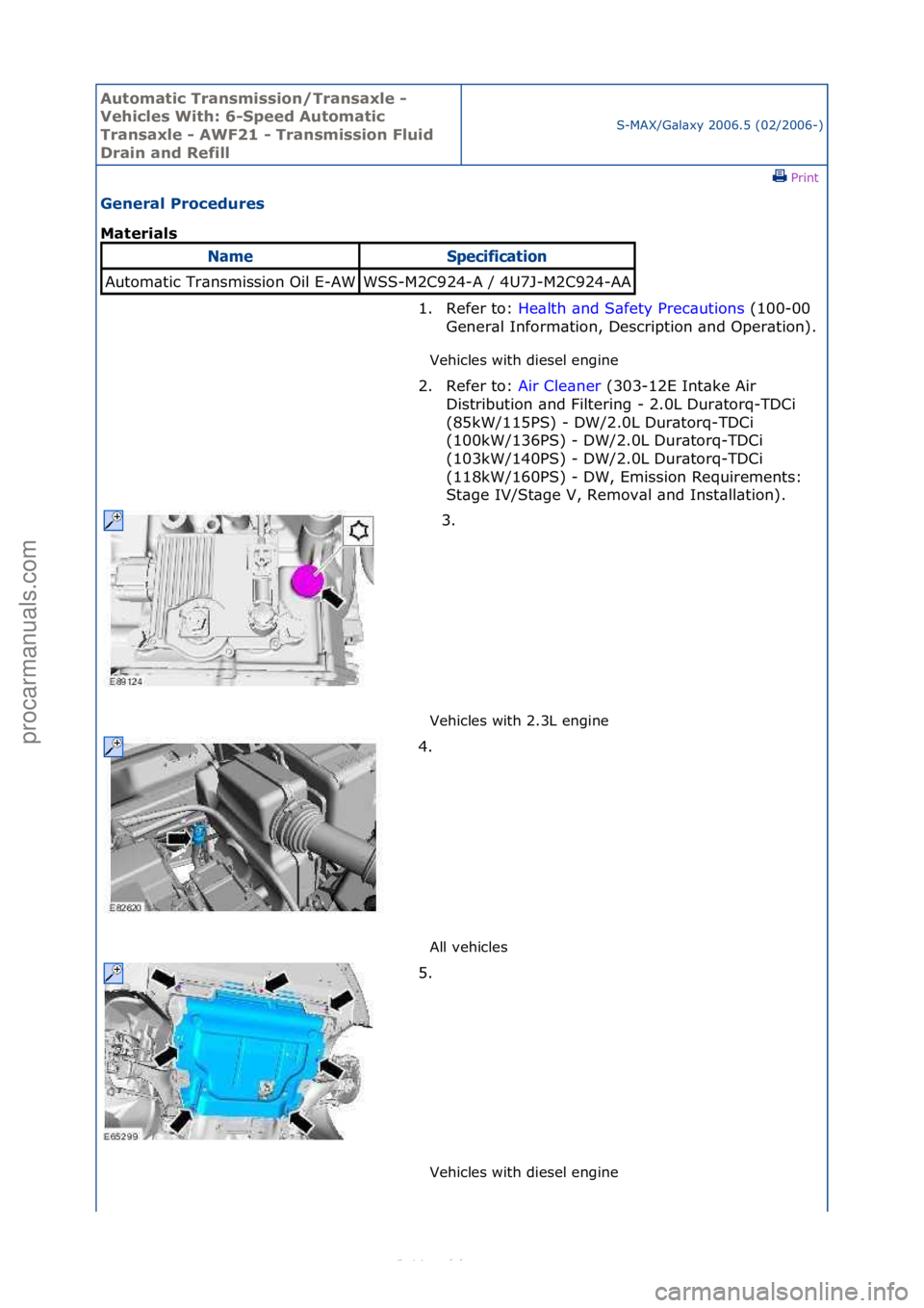 FORD S-MAX 2006  Service Repair Manual Automati\b Tra\fsmissio\f/Tra\fsaxle - 
Vehi\bles With: 6-Speed Automati\b 
Tra\fsaxle - AWF21 - Tra\fsmissio\f Fluid 
Drai\f a\fd Refill
S-MAX/G\bl\bxy\f2006.5\f(02/2006-)\fPrint \f
Ge\feral Pro\bedu