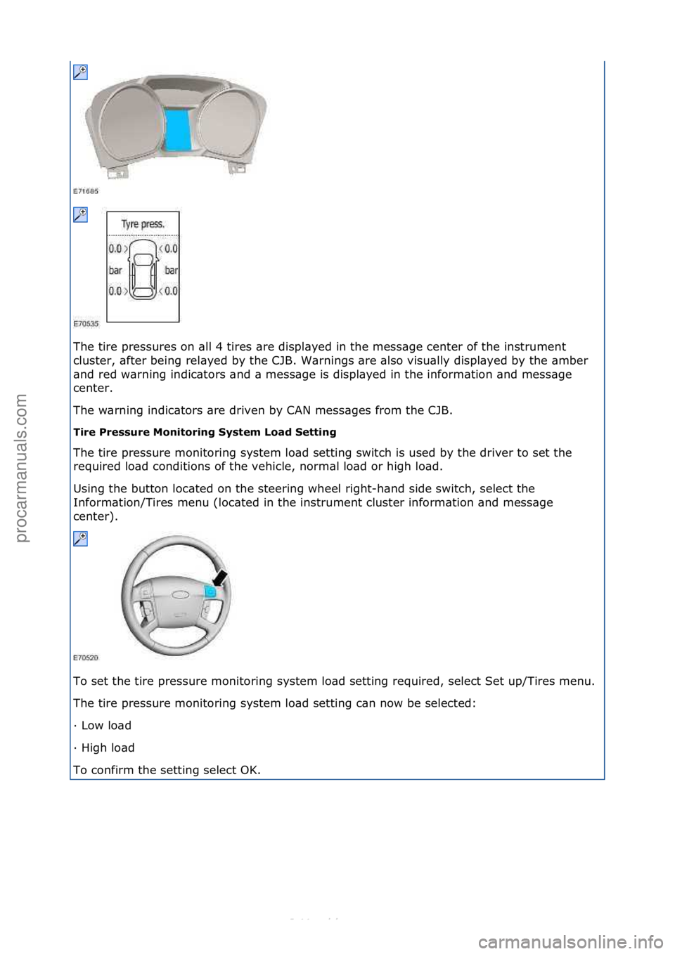 FORD S-MAX 2006  Service Repair Manual The\ftire\fpressures\fon\f\bll\f4\ftires\f\bre\fdispl\byed\fin\fthe\fmess\bge\fcenter\fof\fthe\finstrument\f
cluster,\f\bfter\fbeing\frel\byed\fby\fthe\fCJB.\fW\brnings\f\bre\f\blso\fvisu\blly\fdispl\