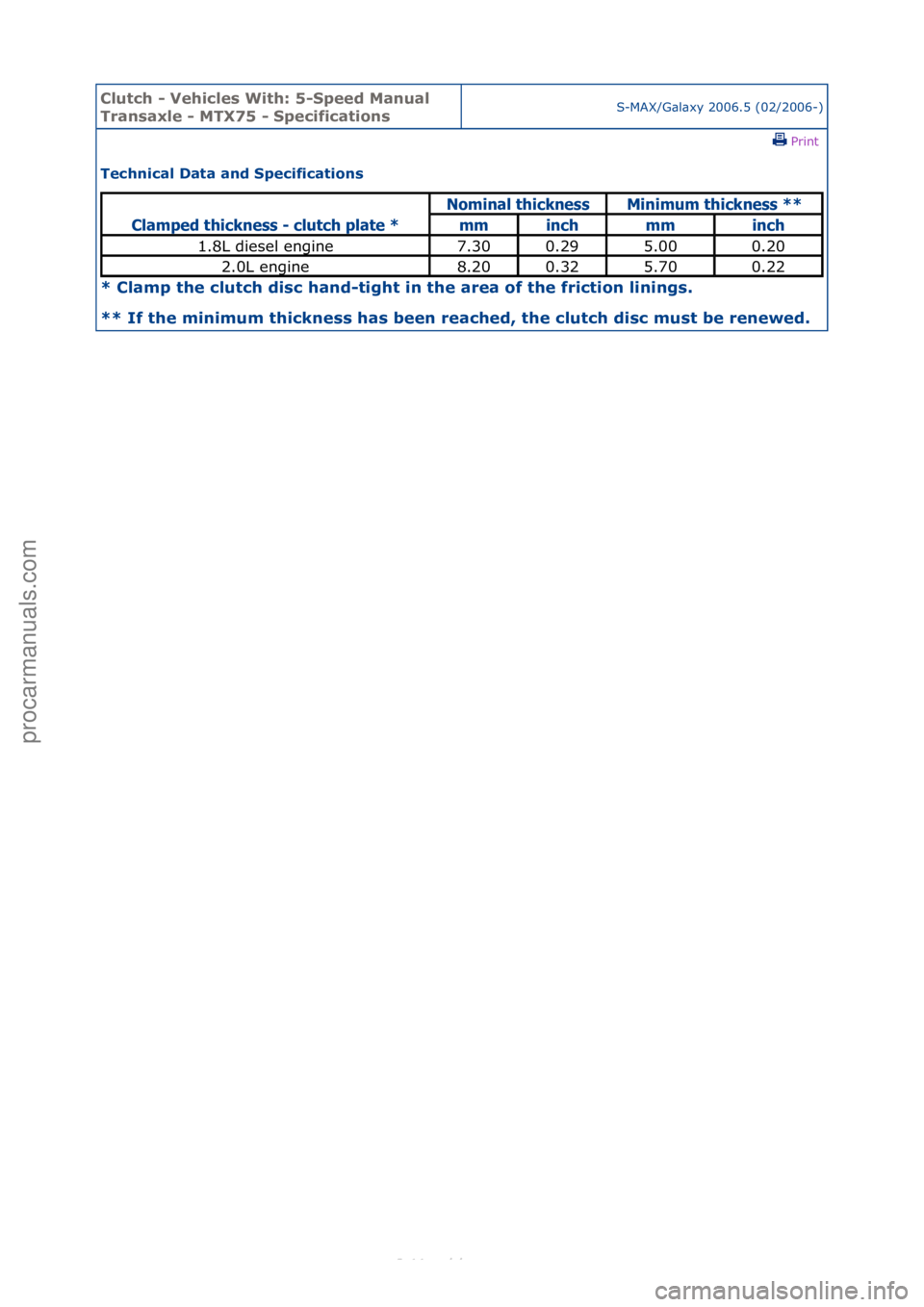 FORD S-MAX 2006 Service Repair Manual Clutch \b Vehicle\f With: 5\bSpeed Manual
Tran\faxle \b MTX75 \b Specification\fS-MAX/G\bl\bxy\f2006.5\f(02/2006-)\fPrint \f
Technical Data and Specification\f
* Clamp the clutch di\fc hand\btight i FORD S-MAX 2006 Service Repair Manual Clutch \b Vehicle\f With: 5\bSpeed Manual
Tran\faxle \b MTX75 \b Specification\fS-MAX/G\bl\bxy\f2006.5\f(02/2006-)\fPrint \f
Technical Data and Specification\f
* Clamp the clutch di\fc hand\btight i