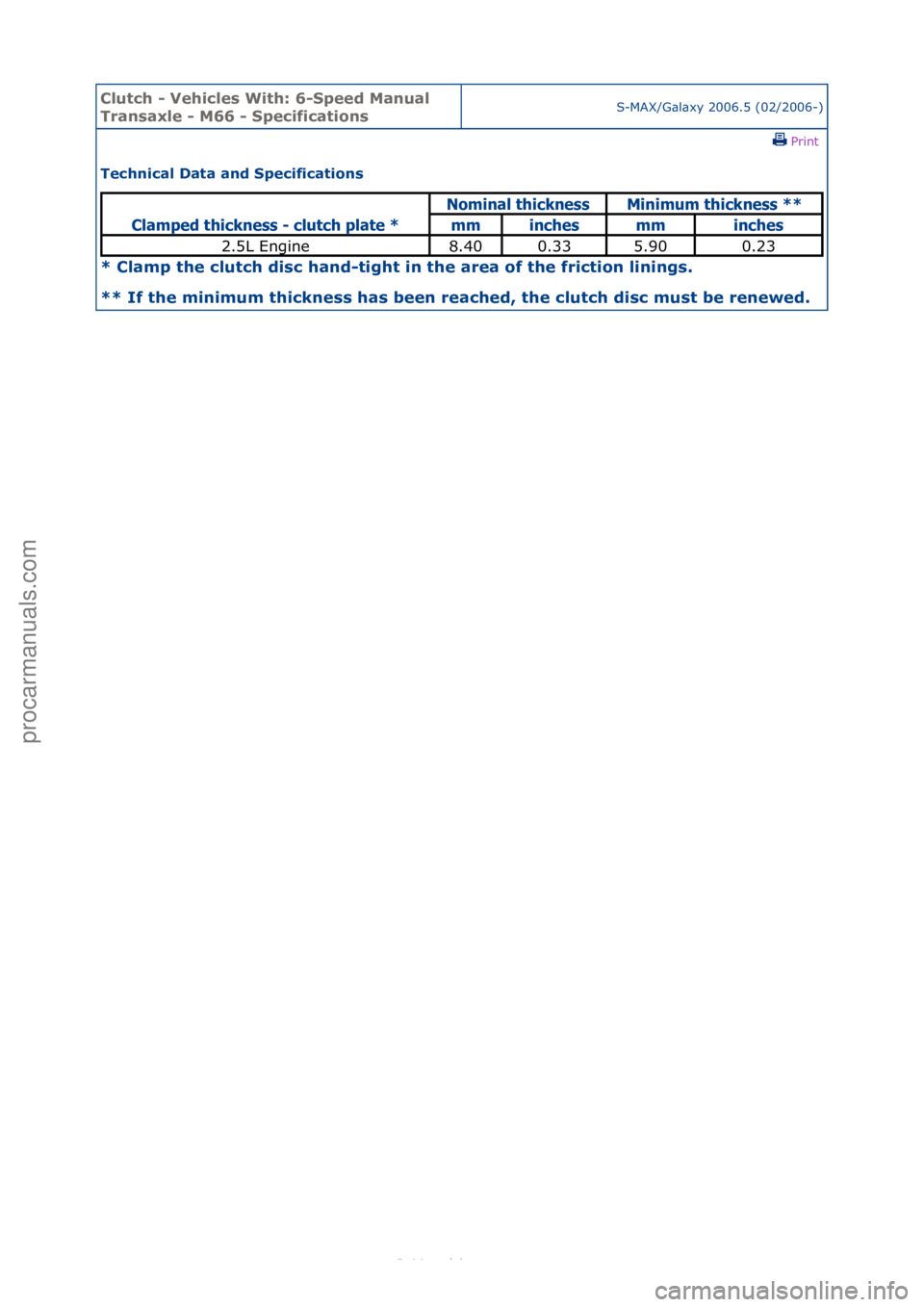 FORD S-MAX 2006 Service Repair Manual Clutch \b Vehicle\f With: 6\bSpeed Manual
Tran\faxle \b M66 \b Specification\fS-MAX/G\bl\bxy\f2006.5\f(02/2006-)\fPrint \f
Technical Data and Specification\f
* Clamp the clutch di\fc hand\btight in FORD S-MAX 2006 Service Repair Manual Clutch \b Vehicle\f With: 6\bSpeed Manual
Tran\faxle \b M66 \b Specification\fS-MAX/G\bl\bxy\f2006.5\f(02/2006-)\fPrint \f
Technical Data and Specification\f
* Clamp the clutch di\fc hand\btight in