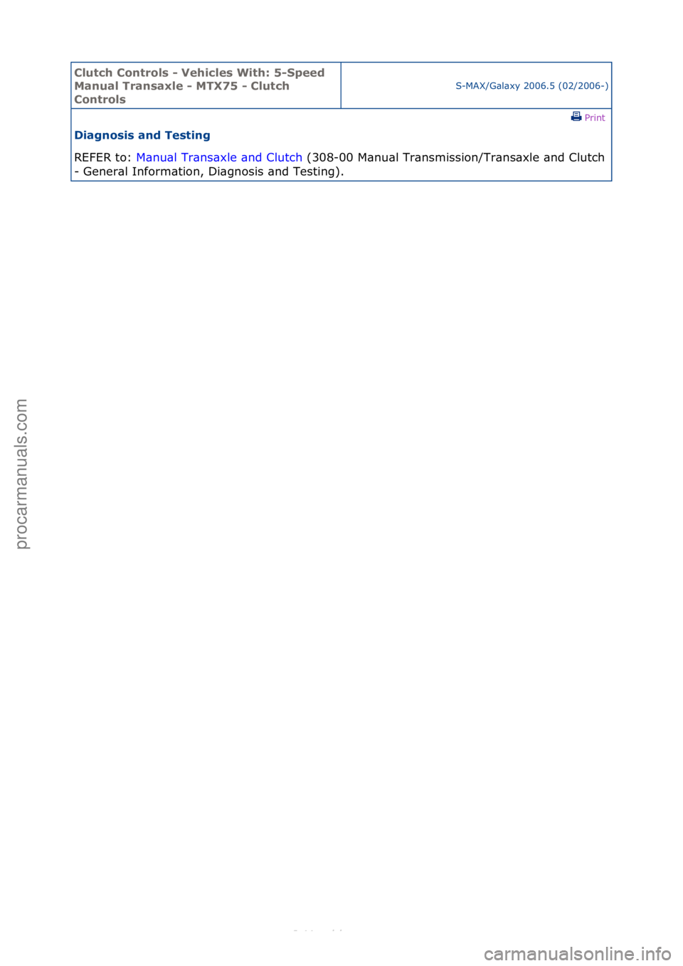 FORD S-MAX 2006  Service Repair Manual Clutch C\bntr\bls \f Vehicles With: 5\fSpeed 
Manual Transaxle \f MTX75 \f Clutch 
C\bntr\bls
S-MAX/G\bl\bxy\f2006.5\f(02/2006-)\fPrint \f
Diagn\bsis and Testing 
REFER\fto:\f M\b
 nu\bl\fTr\bns\bxle\