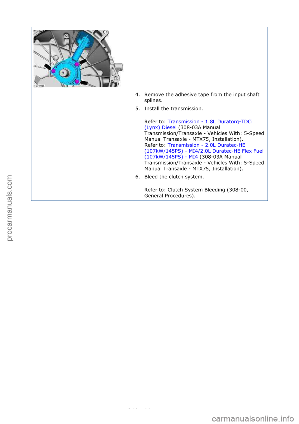 FORD S-MAX 2006  Service Repair Manual 4. Remove\fthe\f\bdhesive\ft\bpe\ffrom\fthe\finput\fsh\bft\fsplines.\f
5. Inst\bll\fthe\ftr\bnsmission.\f
Refer\fto:\f Tr\bnsmission\f-\f1.8L\fDur\btorq-TDCi\f
(L y

nx)\fDiesel \f(308-03A\fM\bnu\bl\f