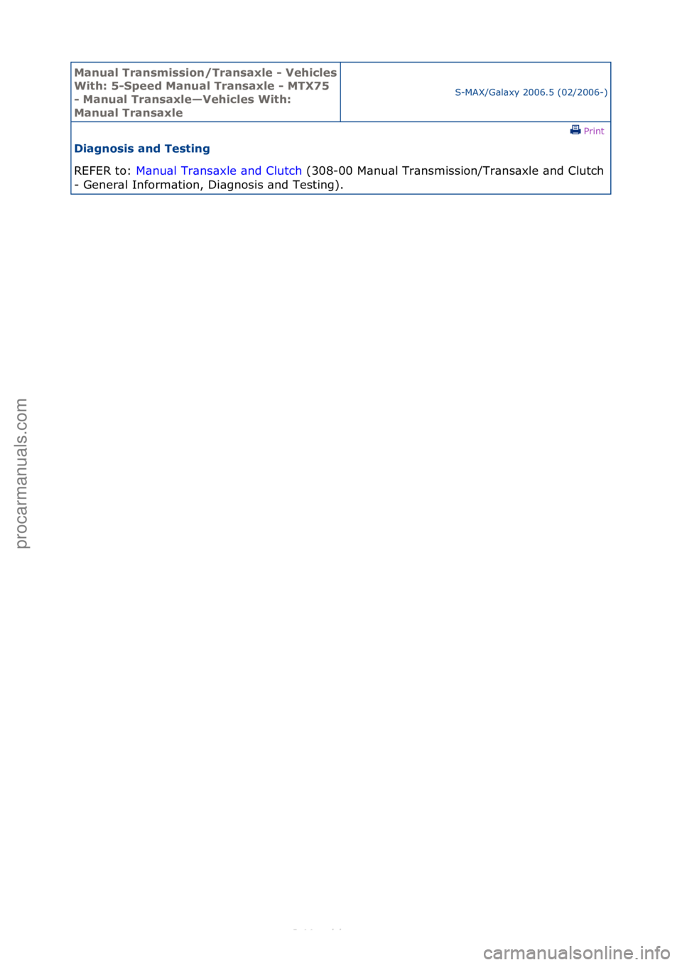 FORD S-MAX 2006  Service Repair Manual Manual T\bansmissi\fn/T\bansaxle - Vehicles 
With: 5-Speed Manual T\bansaxle - MTX75 
- Manual T\bansaxle—Vehicles With: 
Manual T\bansaxleS-MAX/G\bl\bxy\f2006.5\f(02/2006-)\fPrint \f
Diagn\fsis and