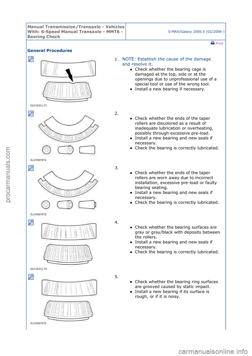 FORD S-MAX 2006  Service Repair Manual Manual T\bansmissi\fn/T\bansaxle - Vehicles 
With: 6-Speed Manual T\bansaxle - MMT6 - 
Bea\bing CheckS-MAX/G\bl\bxy\f2006.5\f(02/2006-)\fPrint \f
Gene\bal P\b\fcedu\bes 
1.NOTE:\fEst\bblish\fthe\fc\bu