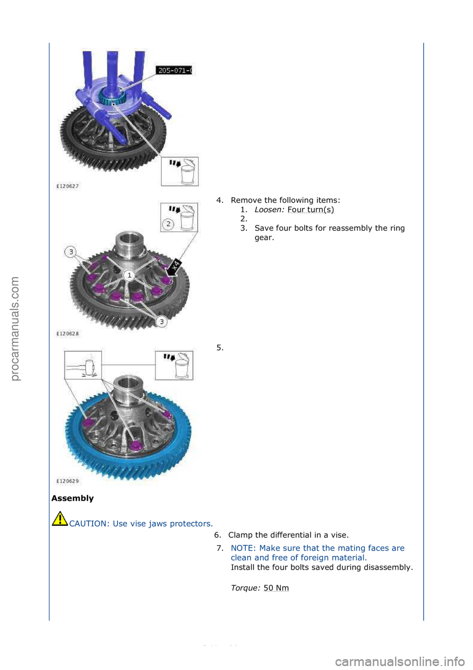 FORD S-MAX 2006  Service Repair Manual Assembly CAUTION:\fUse\fvise\fj\bws\fprotectors.\f 4. Remove\fthe\ffollowing\fitems:\f
1. L

oo\fen:\bFour\fturn(s)
\f
2. \f
3. S\bve\ffour\fbolts\ffor\fre\bssembly\fthe\fring\f ge\br.\f
5. \f
6. Cl\b