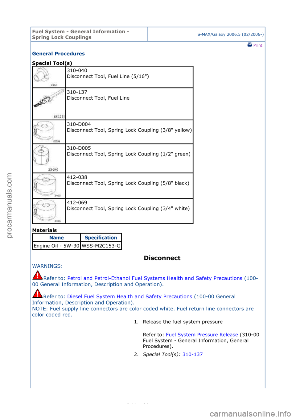 FORD S-MAX 2006  Service Repair Manual Fuel Sy\btem - \feneral Information - 
Spring Lock Coupling\bS-MAX/G\bl\bxy\f2006.5\f(02/2006-)\fPrint \f
\feneral Procedure\b 
Special Tool(\b) 
Mat

erial\b  Di\bconnect 
WARNINGS:\f
Re

fer\fto:\f 