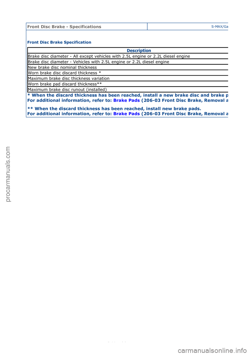 FORD S-MAX 2006 Service Repair Manual Front D\bsc Br\fke - Spec\bf\bc\ft\bonsS-MAX/G\bl\bxy\f2006.5\f(02/2006
Front D\bsc Br\fke Spec\bf\bc\ft\bon
* When the d\bsc\frd th\bckness h\fs been re\fched, \bnst\fll \f new br\fke d\bsc \fnd br\ FORD S-MAX 2006 Service Repair Manual Front D\bsc Br\fke - Spec\bf\bc\ft\bonsS-MAX/G\bl\bxy\f2006.5\f(02/2006
Front D\bsc Br\fke Spec\bf\bc\ft\bon
* When the d\bsc\frd th\bckness h\fs been re\fched, \bnst\fll \f new br\fke d\bsc \fnd br\