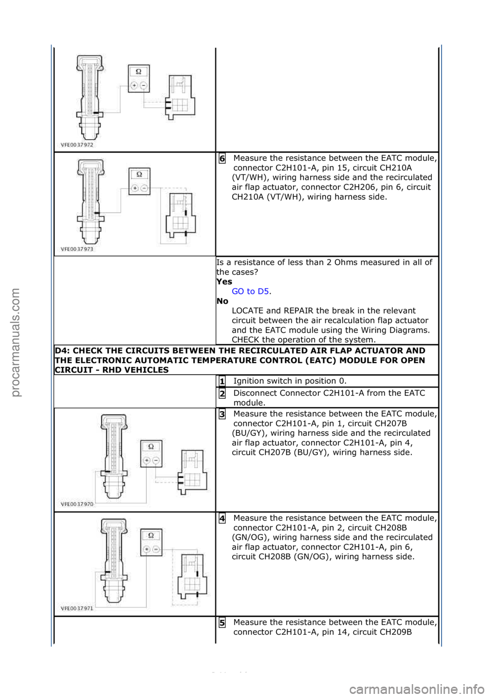 FORD S-MAX 2006  Service Repair Manual Me\bsure\fthe\fresist\bnce\fbetween\fthe\fEATC\fmodule,\f
connector\fC2H101-A,\fpin\f15,\fcircuit\fCH210A\f
(VT/WH),\fwiring\fh\brness\fside\f\bnd\fthe\frecircul\bted\f
\bir\ffl\bp\f\bctu\btor,\fconne