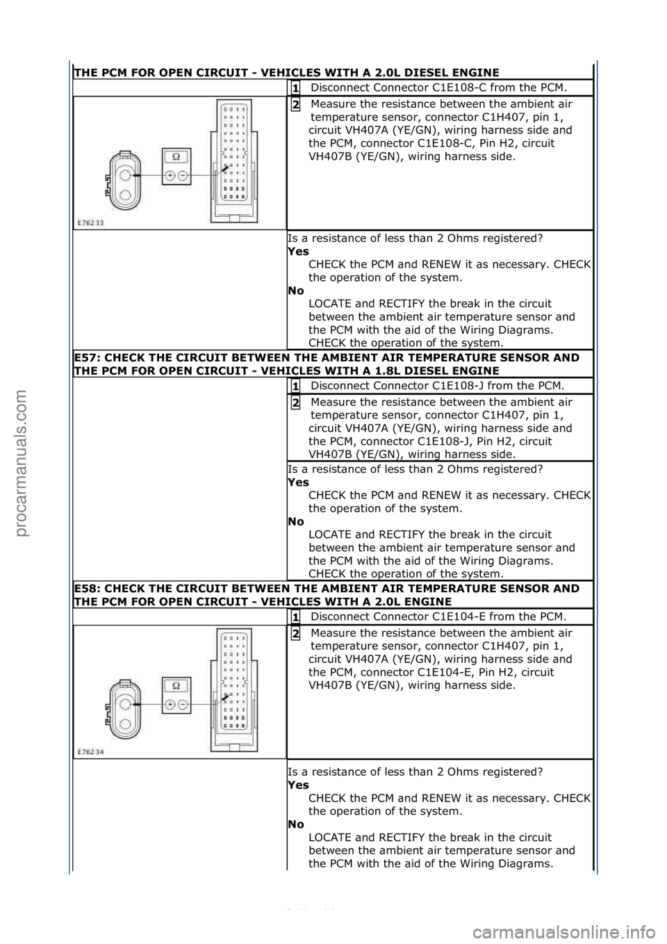 FORD S-MAX 2006 Service Repair Manual THE\bPCM\bFOR\bOPEN\bCIRCUIT\b-\bVEHICLE\f\bWITH\bA\b2.0L\bDIE\fEL\bENGINE
Disconnect\fConnector\fC1E108-C\ffrom\fthe\fPCM.\f1\b
Me\bsure\fthe\fresist\bnce\fbetween\fthe\f\bmbient\f\bir\f
temper\bture FORD S-MAX 2006 Service Repair Manual THE\bPCM\bFOR\bOPEN\bCIRCUIT\b-\bVEHICLE\f\bWITH\bA\b2.0L\bDIE\fEL\bENGINE
Disconnect\fConnector\fC1E108-C\ffrom\fthe\fPCM.\f1\b
Me\bsure\fthe\fresist\bnce\fbetween\fthe\f\bmbient\f\bir\f
temper\bture
