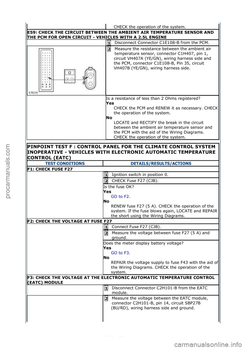 FORD S-MAX 2006 Service Repair Manual CHECK\fthe\foper\btion\fof\fthe\fsystem.\f
E59:\bCHECK\bTHE\bCIRCUIT\bBETWEEN\bTHE\bAMBIENT\bAIR\bTEMPERATURE\b\fEN\fOR\bAND\b
THE\bPCM\bFOR\bOPEN\bCIRCUIT\b-\bVEHICLE\f\bWITH\bA\b2.5L\bENGINE
Disconn FORD S-MAX 2006 Service Repair Manual CHECK\fthe\foper\btion\fof\fthe\fsystem.\f
E59:\bCHECK\bTHE\bCIRCUIT\bBETWEEN\bTHE\bAMBIENT\bAIR\bTEMPERATURE\b\fEN\fOR\bAND\b
THE\bPCM\bFOR\bOPEN\bCIRCUIT\b-\bVEHICLE\f\bWITH\bA\b2.5L\bENGINE
Disconn