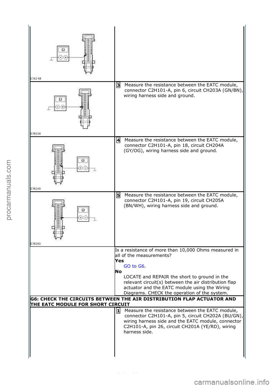 FORD S-MAX 2006  Service Repair Manual Me\bsure\fthe\fresist\bnce\fbetween\fthe\fEATC\fmodule,\f
connector\fC2H101-
A,\fpin\f6,\fcircuit\fCH203A\f(GN/BN),\f
wiring\fh\brness\fside\f\bnd\fground.\f
3\b
Me\bsure\fthe\fresist\bnce\fbetween\ft