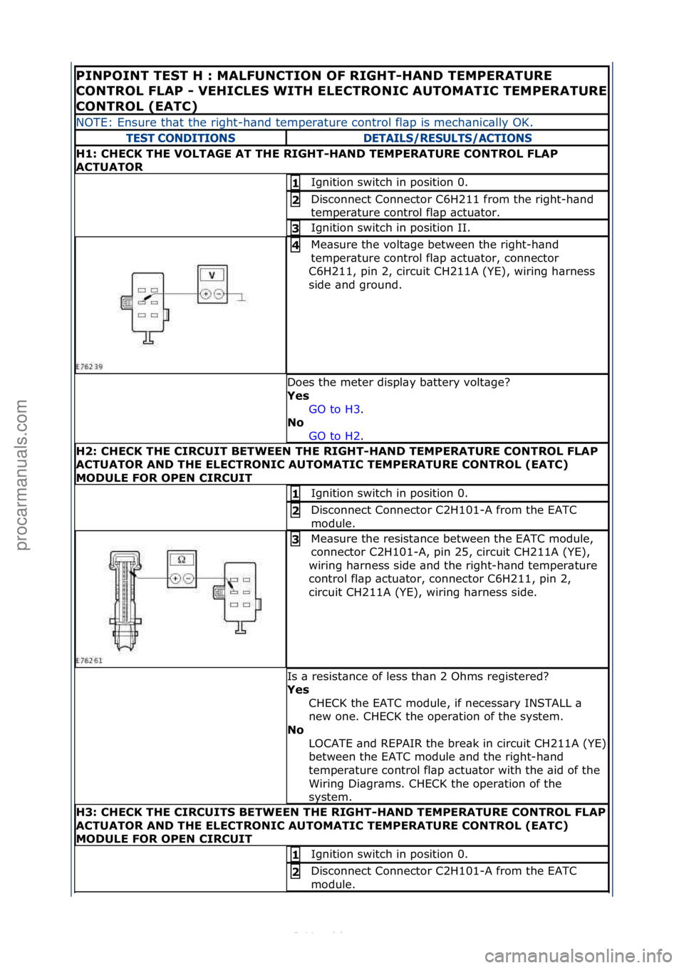 FORD S-MAX 2006  Service Repair Manual PINPOINT\bTE\fT\bH\b:\bMALFUNCTION\bOF\bRIGHT-HAND\bTEMPERATURE\b
CONTROL\bFLAP\b-
\bVEHICLE\f\bWITH\bELECTRONIC\bAUTOMATIC\bTEMPERATURE\b
CONTROL\b(EATC)\b
NOTE:\fEnsure\fth\bt\fthe\fright-h\bnd\ftem