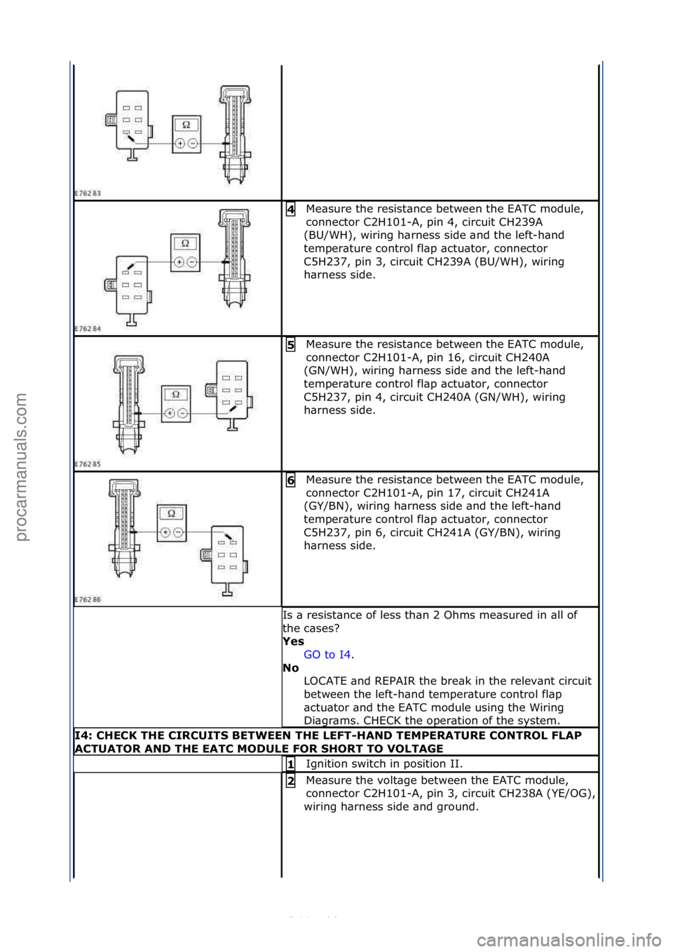 FORD S-MAX 2006  Service Repair Manual Me\bsure\fthe\fresist\bnce\fbetween\fthe\fEATC\fmodule,\f
connector\fC2H101-A,\fpin\f4,\fcircuit\fCH239A\f
(BU/WH),\fwiring\fh\brness\fside\f\bnd\fthe\fleft-h\bnd\f
temper\bture\fcontrol\ffl\bp\f\bctu