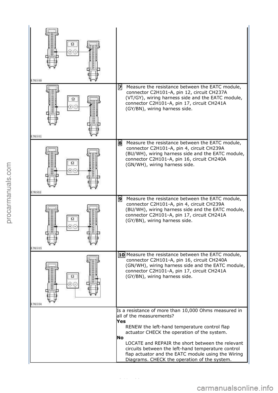 FORD S-MAX 2006  Service Repair Manual Me\bsure\fthe\fresist\bnce\fbetween\fthe\fEATC\fmodule,\f
connector\fC2H101-A,\fpin\f12,\fcircuit\fCH237A\f
(VT/GY),\fwiring\fh\brness\fside\f\bnd\fthe\fEATC\fmodule,\f
connector\fC2H101-A,\fpin\f17,\