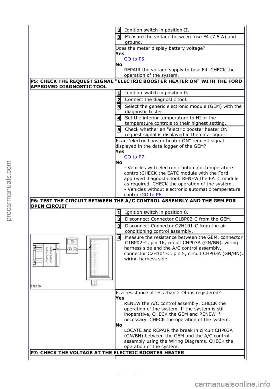 FORD S-MAX 2006  Service Repair Manual Ignition\fswitch\fin\fposition\fII.\f2\b
Me\bsure\fthe\fvolt\bge\fbetween\ffuse\fF4\f(7.5\fA)\f\bnd\f
ground.\f3\b
Does\fthe\fmeter\fdispl\by\fb\bttery\fvolt\bge?\f
Yes\bGO\fto\fP5 .\f\f
No\b R

EPAIR