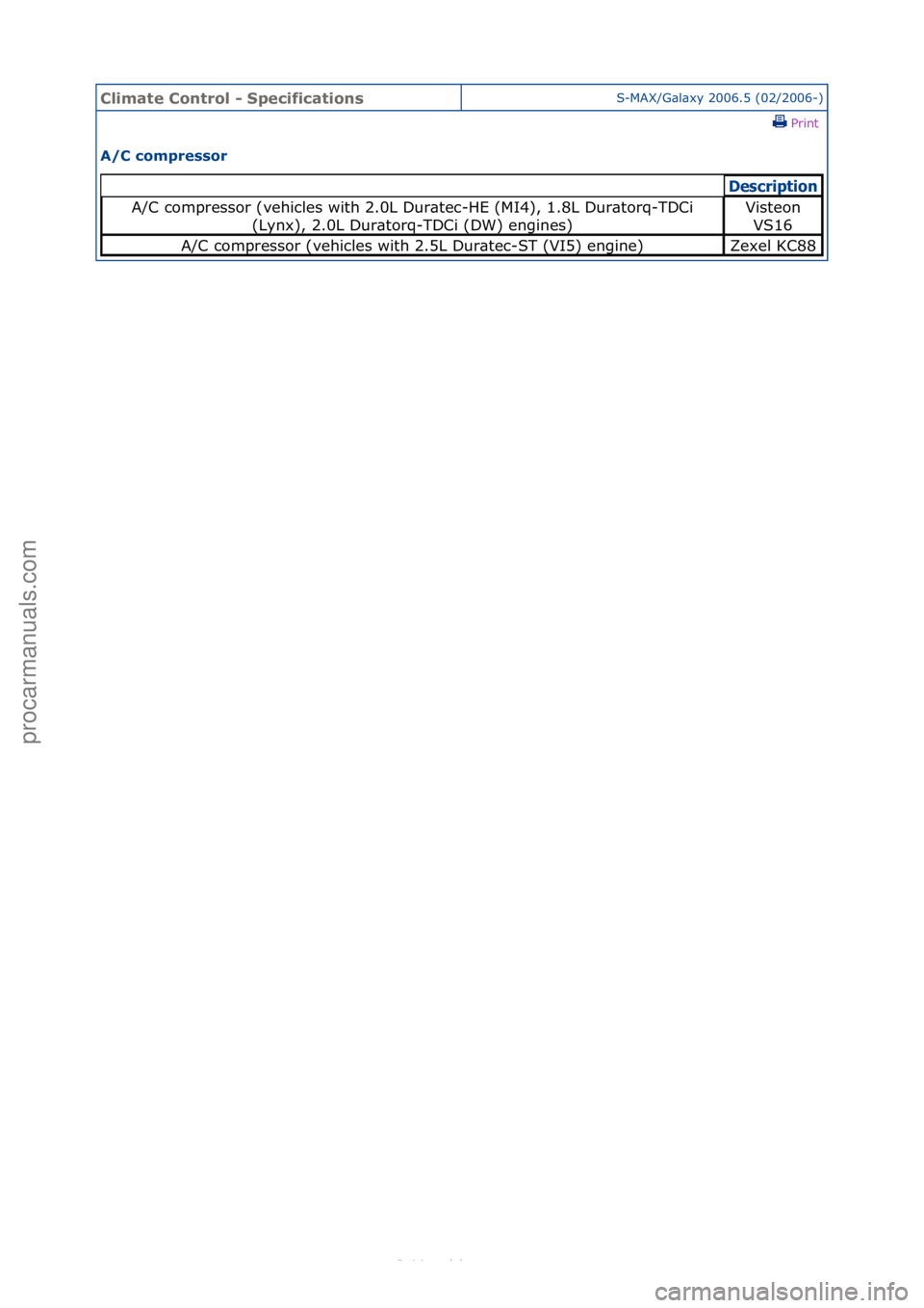 FORD S-MAX 2006  Service Repair Manual Climate\bControl\b\f\bSpecificationsS-MAX/G\bl\bxy\f2006.5\f(02/2006-)\fPrint \f
A/C\bcompressor\b
Descrip\bion
A/C\fcompressor\f(vehicles\fwith\f2.0L\fDur\btec-HE\f(MI4),\f1.8L\fDur\btorq-TDCi\f
(Lyn