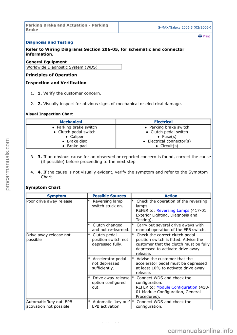 FORD S-MAX 2006  Service Repair Manual Parking\bBrake\band\b\fctuation\b-\bParking\b
BrakeS-MAX/G\bl\bxy\f2006.5\f(02/2006-)\fPrint \f
Diagnosis\band\bTesting\b
Refer\bto\bWiring\bDiagrams\bSection\b206-05,\bfor\bschematic\band\bconnector\