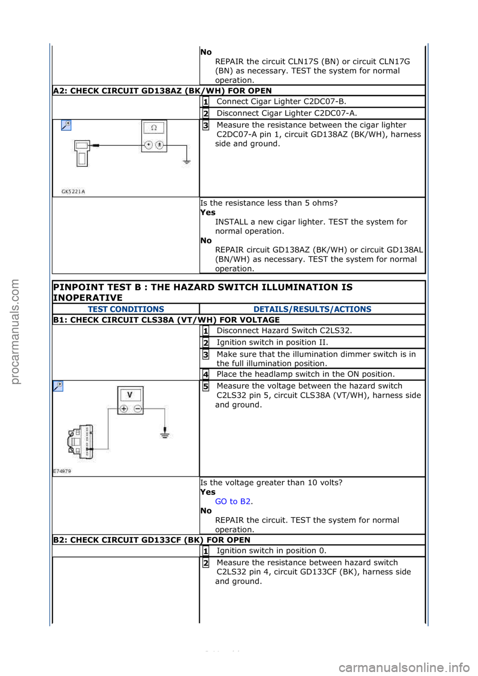 FORD S-MAX 2006  Service Repair Manual No REPAIR\fthe\fcircuit\fCLN17S\f(BN)\for\fcircuit\fCLN17G\f
(BN)\f\bs\fnecess\bry.\fTEST\fthe\fsystem\ffor\fnorm\bl\f
oper\btion.\f
A2: CHECK CIRCUIT GD138AZ (BK/WH) FOR OPEN
Connect\fCig\br\fLighter