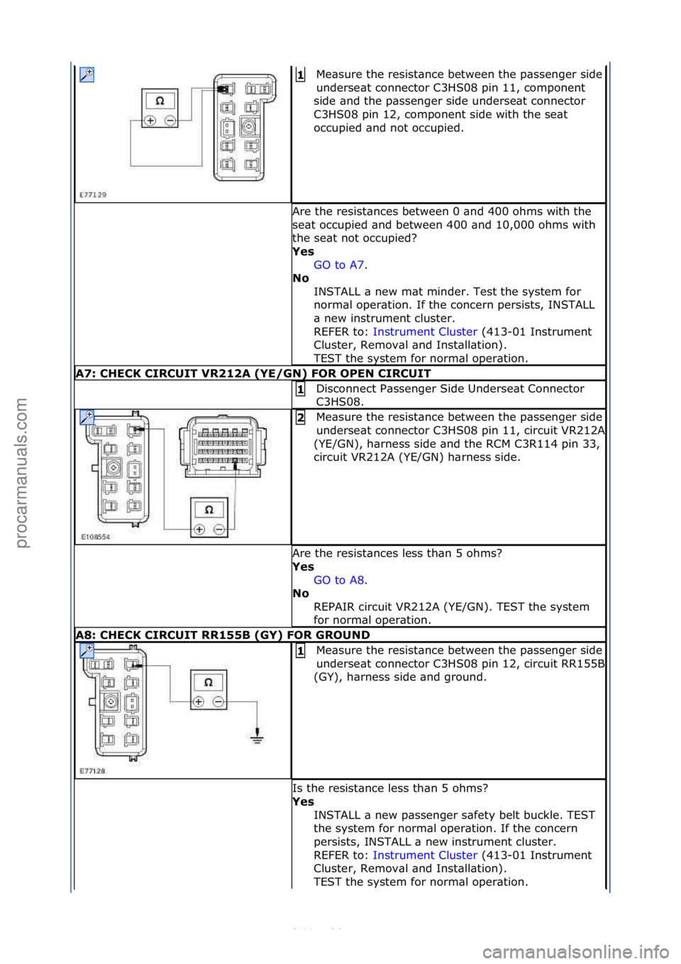 FORD S-MAX 2006  Service Repair Manual Me\bsure\fthe\fresist\bnce\fbetween\fthe\fp\bssenger\fside\f
underse\bt\fconnector\fC3HS08\fpin\f11,\fcomponent\f
side\f\bnd\fthe\fp\bssenger\fside\funderse\bt\fconnector\f
C3HS08\fpin\f12,\fcomponent