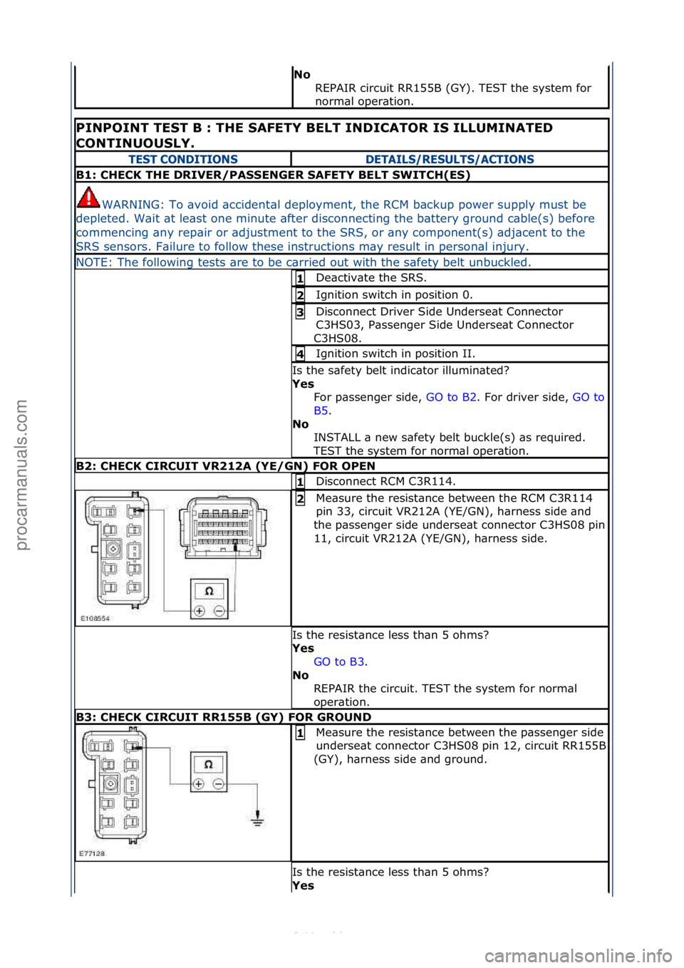 FORD S-MAX 2006 Service Repair Manual No REPAIR\fcircuit\fRR155B\f(GY).\fTEST\fthe\fsystem\ffor\f
norm\bl\foper\btion.\f
PINPOINT TEST B : THE SAFETY BELT IN\bICATOR IS ILLUMINATE\b
CONTINUOUSLY.
TE\fT CONDITION\fDETAIL\f/RE\fULT\f/ACTI FORD S-MAX 2006 Service Repair Manual No REPAIR\fcircuit\fRR155B\f(GY).\fTEST\fthe\fsystem\ffor\f
norm\bl\foper\btion.\f
PINPOINT TEST B : THE SAFETY BELT IN\bICATOR IS ILLUMINATE\b
CONTINUOUSLY.
TE\fT CONDITION\fDETAIL\f/RE\fULT\f/ACTI
