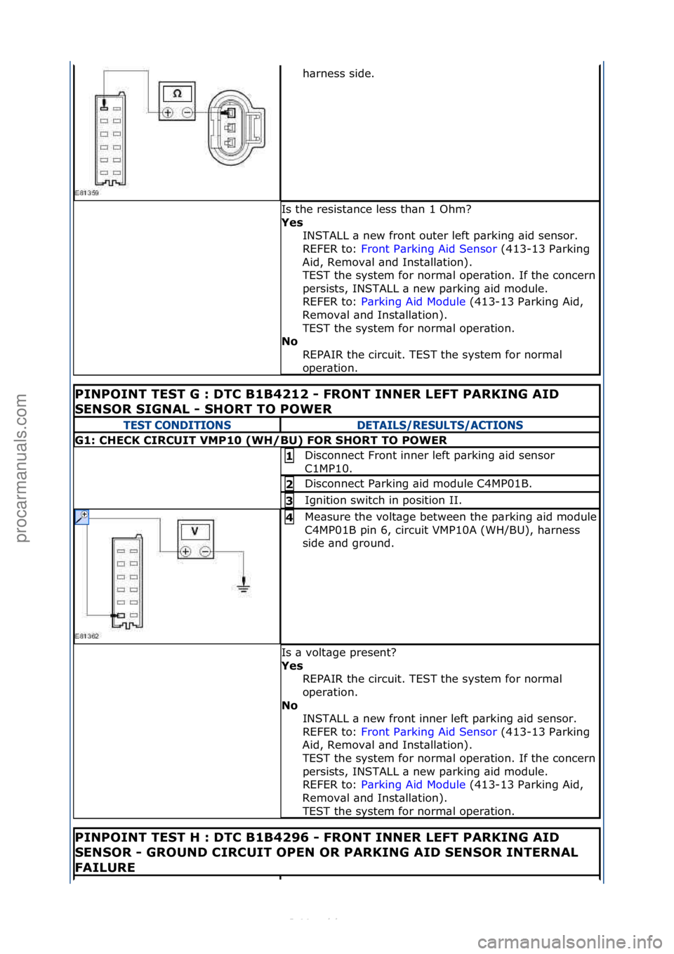 FORD S-MAX 2006  Service Repair Manual h\brness\fside.\f
Is\fthe\fresist\bnce\fless\fth\bn\f1\fOhm?\f
Yes\bINSTALL\f\b\fnew\ffront\fouter\fleft\fp\brking\f\bid\fsensor.\f\f
REFER\fto:\f Front\fP\brking\fAid\fSensor \f(413-13\fP\brking\f
Ai