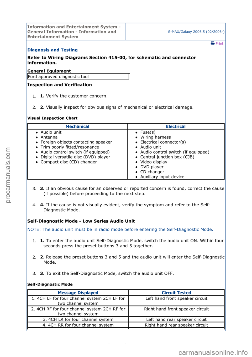 FORD S-MAX 2006  Service Repair Manual Informa\bion and \fn\ber\bainmen\b Sys\bem - 
General Informa\bion - Informa\bion and 
\fn\ber\bainmen\b Sys\bem
S-MAX/G\bl\bxy\f2006.5\f(02/2006-)\fPrint \f
Diagnosis and Tes\bing 
Refer \bo Wiring D