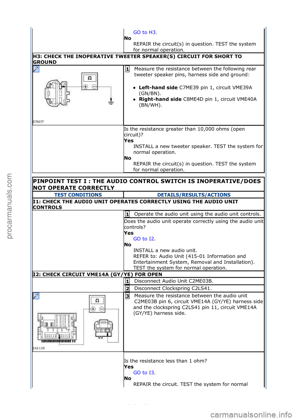 FORD S-MAX 2006  Service Repair Manual GO\fto\fH3.\f\f
No  R
EPAIR\fthe\fcircuit(s)\fin\fquestion.\fTEST\fthe\fsystem\f
for\fnorm\bl\foper\btion.\f
H3: CH\fCK TH\f INOP\fRATIV\f TW\f\fT\fR SP\fAK\fR(S) CIRCUIT FOR SHORT TO 
GROUND
Me\bsure