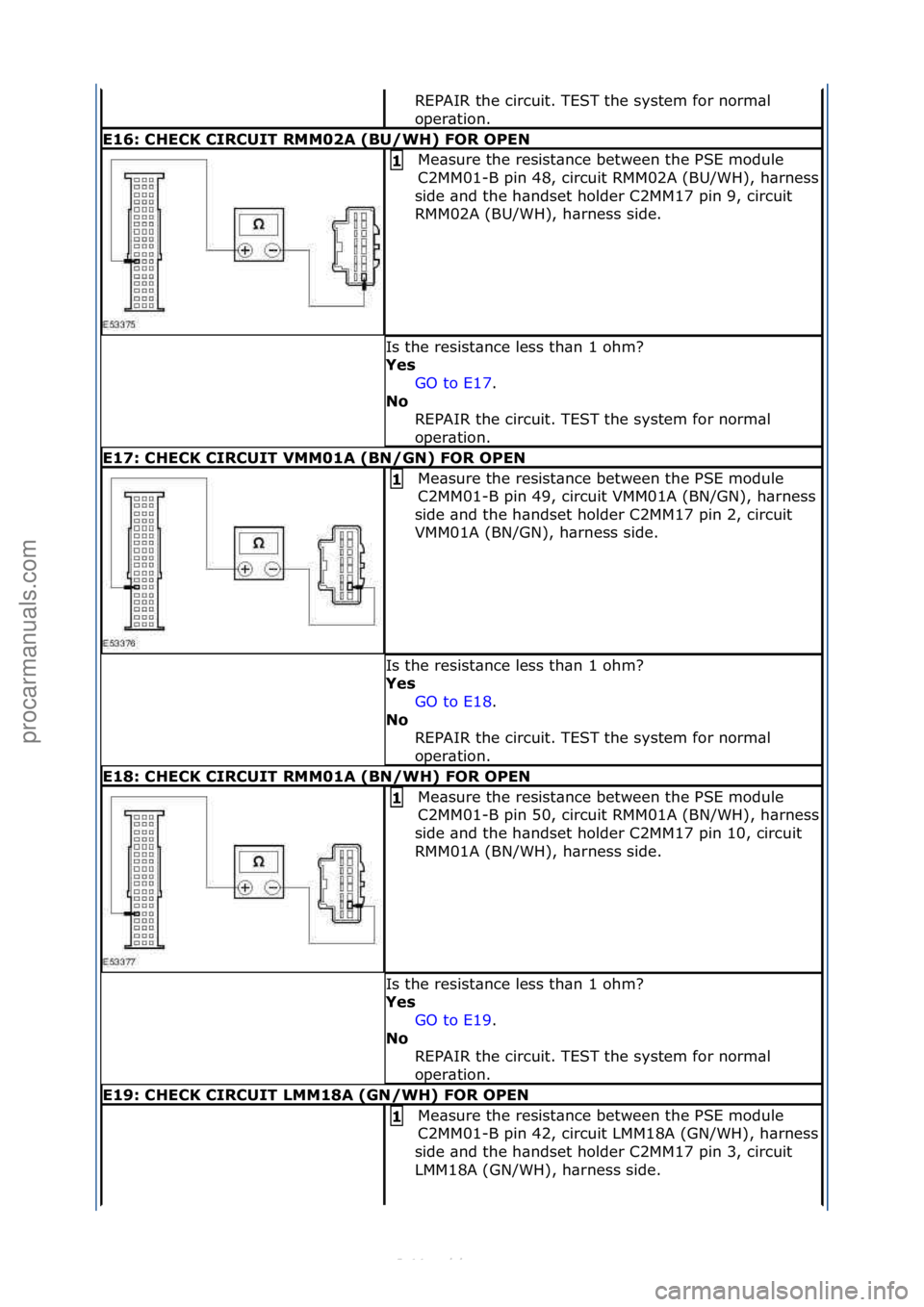FORD S-MAX 2006  Service Repair Manual REPAIR\fthe\fcircuit.\fTEST\fthe\fsystem\ffor\fnorm\bl\f
oper\btion.\f
\f16: CH\fCK CIRCUIT RMM02A (BU/WH) FOR OP\fN
Me\bsure\fthe\fresist\bnce\fbetween\fthe\fPSE\fmodule\f
C2MM01-
B\fpin\f48,\fcircui
