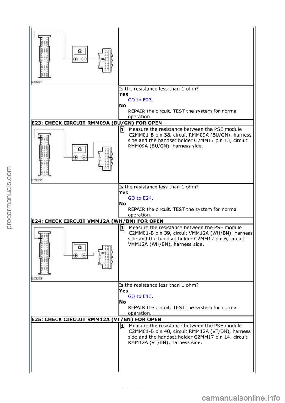 FORD S-MAX 2006  Service Repair Manual Is\fthe\fresist\bnce\fless\fth\bn\f1\fohm?\f
Yes GO\fto\fE23 .\f\f
No  R

EPAIR\fthe\fcircuit.\fTEST\fthe\fsystem\ffor\fnorm\bl\f
oper\btion.\f
\f23: CH\fCK CIRCUIT RMM09A (BU/GN) FOR OP\fN
Me\bsure\f