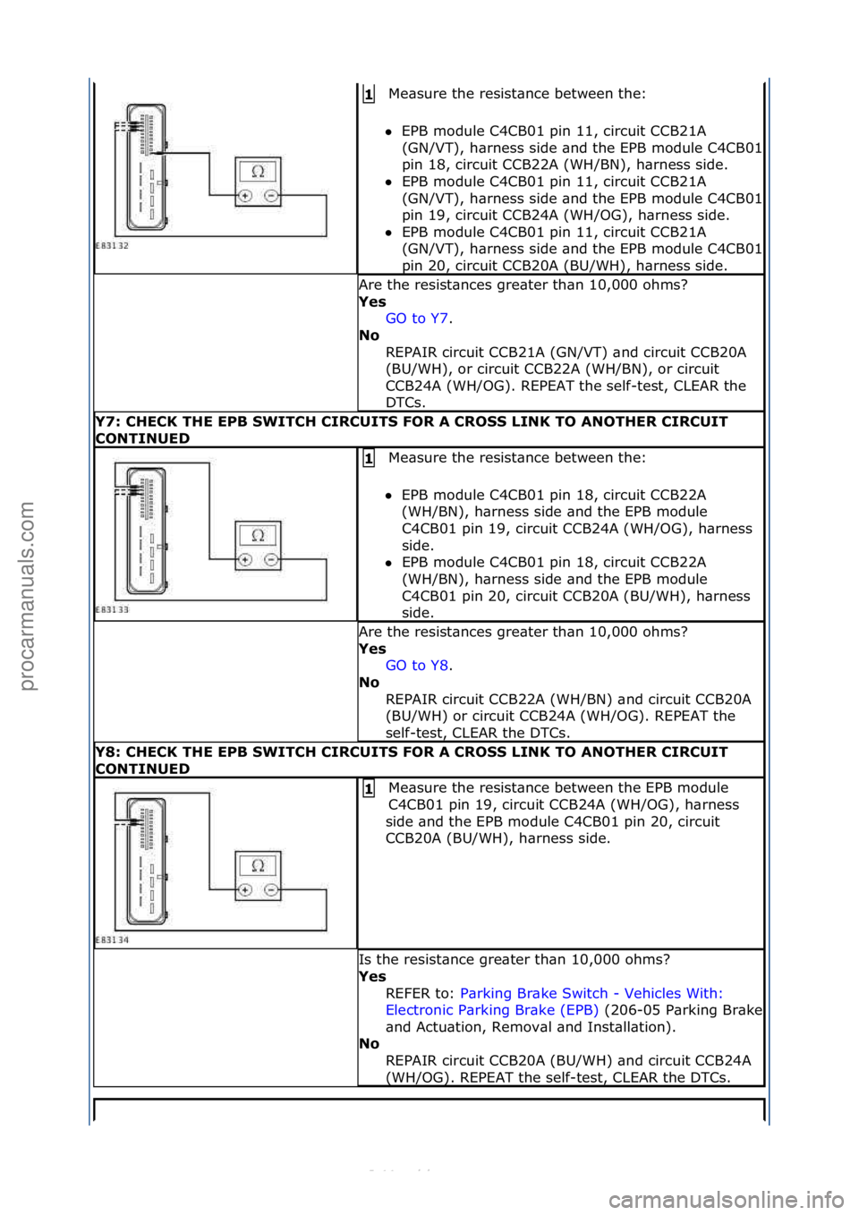 FORD S-MAX 2006  Service Repair Manual Me\bsure\fthe\fresist\bnce\fbetween\fthe:\f
 EPB\fmodule\fC4CB01\fpin\f11,\fcircuit\fCCB21A\f
(GN/VT),\fh\brness\fside\f\bnd\fthe\fEPB\fmodule\fC4CB01\f
pin\f18,\fcircuit\fCCB22A\f(WH/BN),\fh\brness\