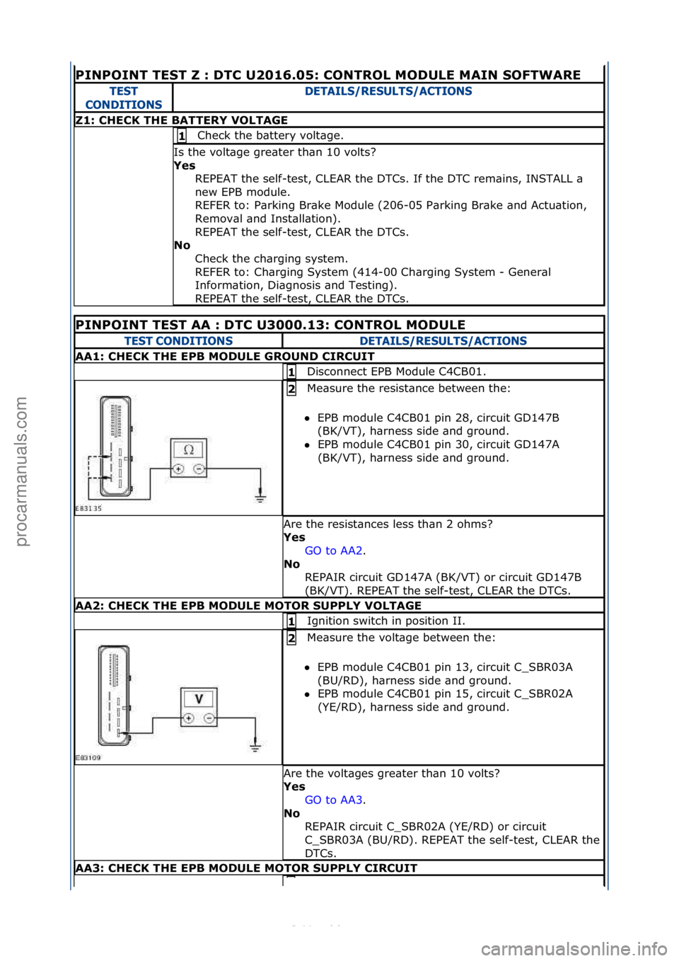 FORD S-MAX 2006  Service Repair Manual PINPOINT\bTEST\bZ\b:\bDTC\bU2016.05:\bCONTROL\bMODULE\bM\fIN\bSOFTW\fRE\b
TE\fT 
CONDITION\fDETAIL\f/RE\fULT\f/ACTION\f
Z1:\bCHECK\bTHE\bB\fTTERY\bVOLT\fGE
Check\fthe\fb\bttery\fvolt\bge.\f1\b
Is\fthe