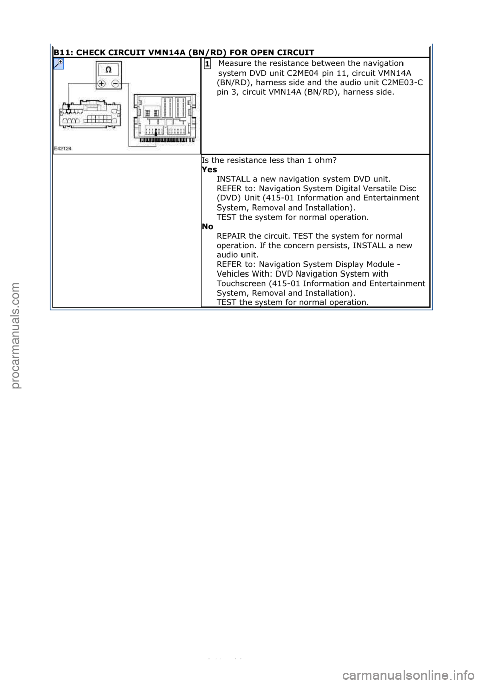FORD S-MAX 2006  Service Repair Manual B11: CH\fCK CIRCUIT VMN14A (BN/RD) FOR OP\fN CIRCUIT
Me\bsure\fthe\fresist\bnce\fbetween\fthe\fn\bvig\btion\f
system\fDVD\funit\fC2ME04\fpin\f11,\fcircuit\fVMN14A\f
(BN/RD),\fh\brness\fside\f\bnd\fthe