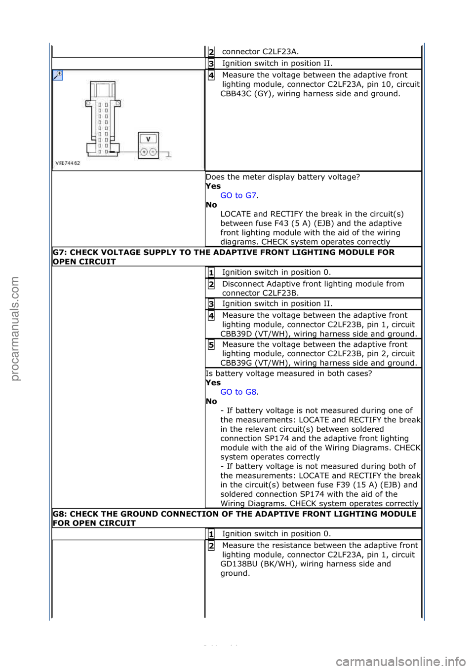 FORD S-MAX 2006  Service Repair Manual connector\fC2LF23A.\f2\b
Ignition\fswitch\fin\fposition\fII.\f3\b
Me\bsure\fthe\fvolt\bge\fbetween\fthe\f\bd\bptive\ffront\f
lighting\fmodule,\fconnector\fC2LF23A,\fpin\f10,\fcircuit\f
CBB43C\f(GY),\f