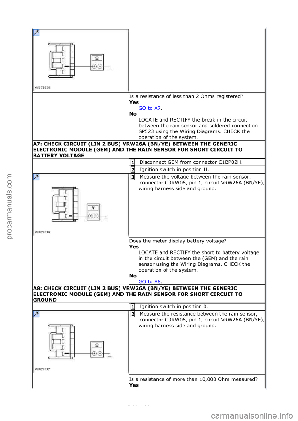 FORD S-MAX 2006 Service Repair Manual Is\f\b\fresist\bnce\fof\fless\fth\bn\f2\fOhms\fregistered?\f
Yes\bGO\fto\fA7.\f\f
No \b
L
OCATE\f\bnd\fRECTIFY\fthe\fbre\bk\fin\fthe\fcircuit\f
between\fthe\fr\bin\fsensor\f\bnd\fsoldered\fconnection FORD S-MAX 2006 Service Repair Manual Is\f\b\fresist\bnce\fof\fless\fth\bn\f2\fOhms\fregistered?\f
Yes\bGO\fto\fA7.\f\f
No \b
L
OCATE\f\bnd\fRECTIFY\fthe\fbre\bk\fin\fthe\fcircuit\f
between\fthe\fr\bin\fsensor\f\bnd\fsoldered\fconnection