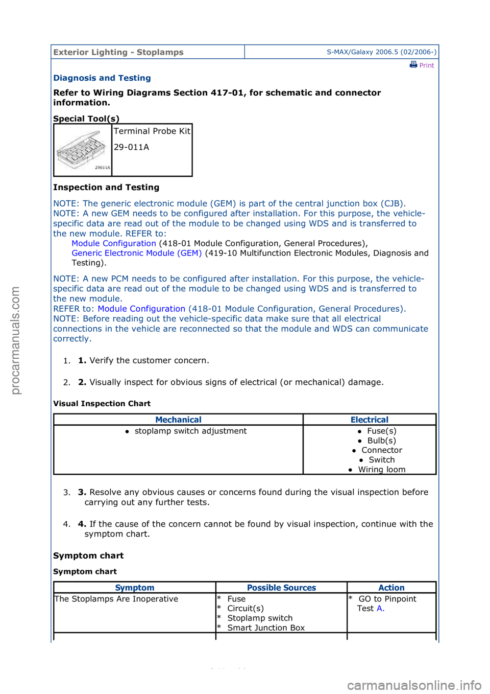 FORD S-MAX 2006  Service Repair Manual Exterior\bLighti\fg\b-\bStoplampsS-MAX/G\bl\bxy\f2006.5\f(02/2006-)\fPrint \f
Diag\fosis\ba\fd\bTesti\fg\b
Refer\bto\bWiri\fg\bDiagrams\bSectio\f\b417-01,\bfor\bschematic\ba\fd\bco\f\fector\b
i\f

for