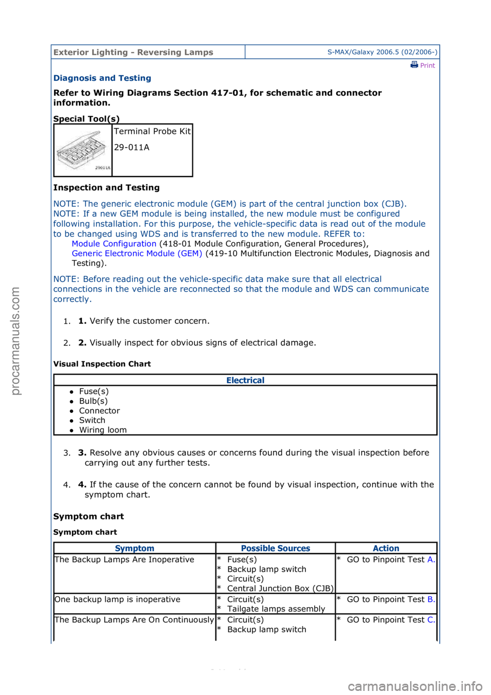 FORD S-MAX 2006  Service Repair Manual Exterior\bLighti\fg\b-\bReversi\fg\bLampsS-MAX/G\bl\bxy\f2006.5\f(02/2006-)\fPrint \f
Diag\fosis\ba\fd\bTesti\fg\b
Refer\bto\bWiri\fg\bDiagrams\bSectio\f\b417-01,\bfor\bschematic\ba\fd\bco\f\fector\b
