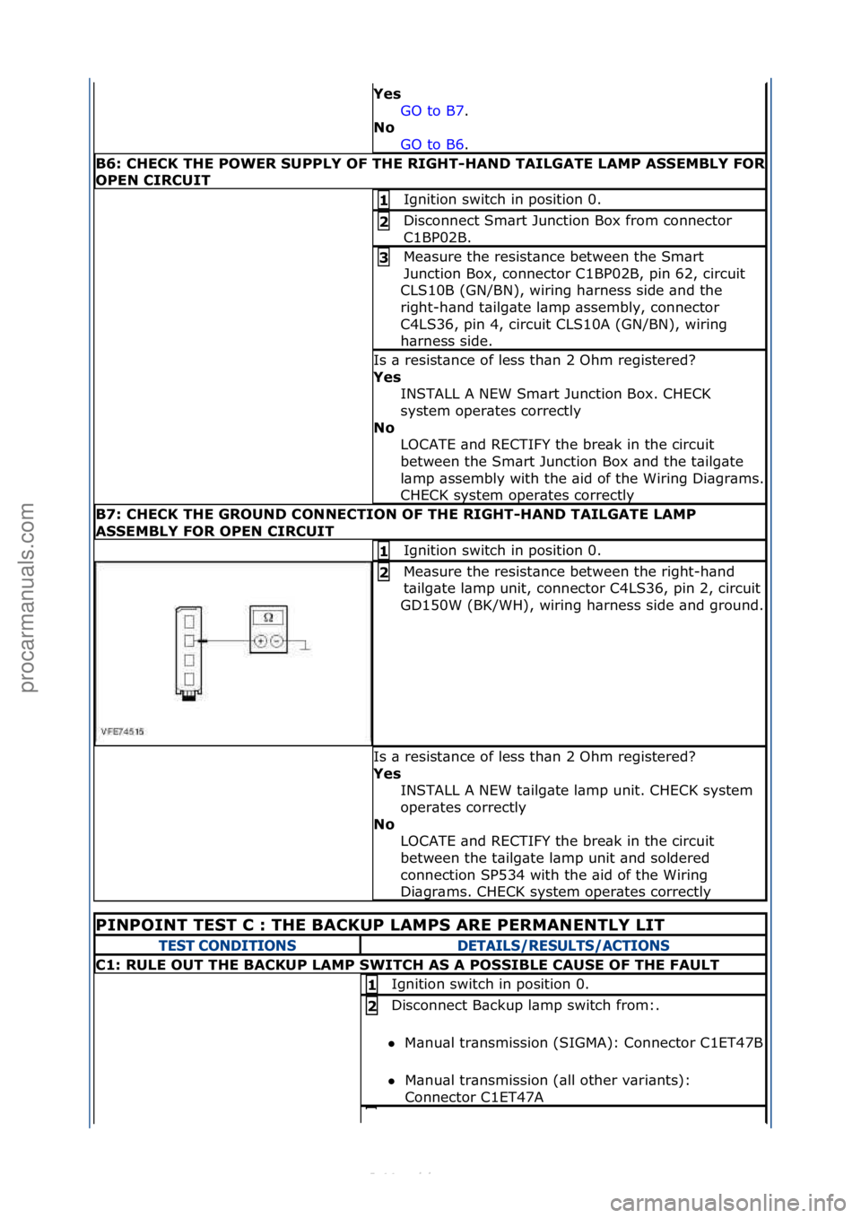 FORD S-MAX 2006  Service Repair Manual Yes\bGO\fto\fB7.\f\f
No\b GO

\fto\fB6.\f\f
B6:\bCHECK\bTHE\bPOWER\bSUPPLY\bOF\bTHE\bRIGHT-HAND\bTAILGATE\bLAMP\bASSEMBLY\bFOR\b
OPEN\bCIRCUIT
Ignition\fswitch\fin\fposition\f0.\f1\b
Disconnect\fSm\br