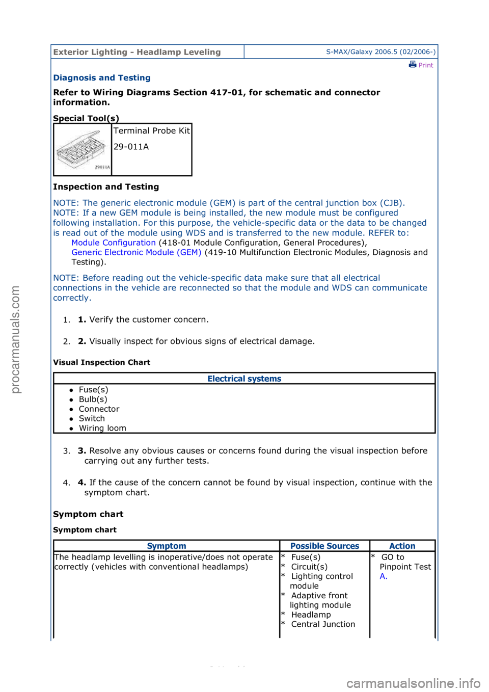FORD S-MAX 2006  Service Repair Manual Exterior\bLighti\fg\b-\bHeadlamp\bLeveli\fgS-MAX/G\bl\bxy\f2006.5\f(02/2006-)\fPrint \f
Diag\fosis\ba\fd\bTesti\fg\b
Refer\bto\bWiri\fg\bDiagrams\bSectio\f\b417-01,\bfor\bschematic\ba\fd\bco\f\fector\