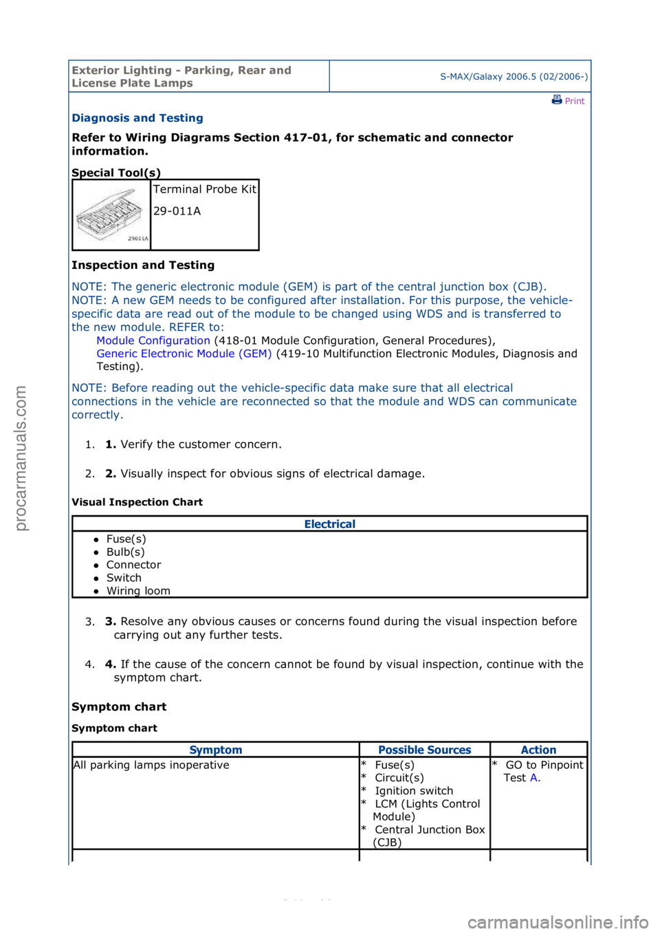 FORD S-MAX 2006  Service Repair Manual Exterior\bLighti\fg\b-\bParki\fg,\bRear\ba\fd\b
Lice\fse\bPlate\bLampsS-MAX/G\bl\bxy\f2006.5\f(02/2006-)\fPrint \f
Diag\fosis\ba\fd\bTesti\fg\b
Refer\bto\bWiri\fg\bDiagrams\bSectio\f\b417-01,\bfor\bsc
