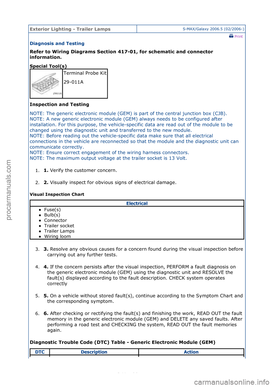 FORD S-MAX 2006  Service Repair Manual Exterior\bLighti\fg\b-\bTrailer\bLampsS-MAX/G\bl\bxy\f2006.5\f(02/2006-)\fPrint \f
Diag\fosis\ba\fd\bTesti\fg\b
Refer\bto\bWiri\fg\bDiagrams\bSectio\f\b417-01,\bfor\bschematic\ba\fd\bco\f\fector\b
i\f