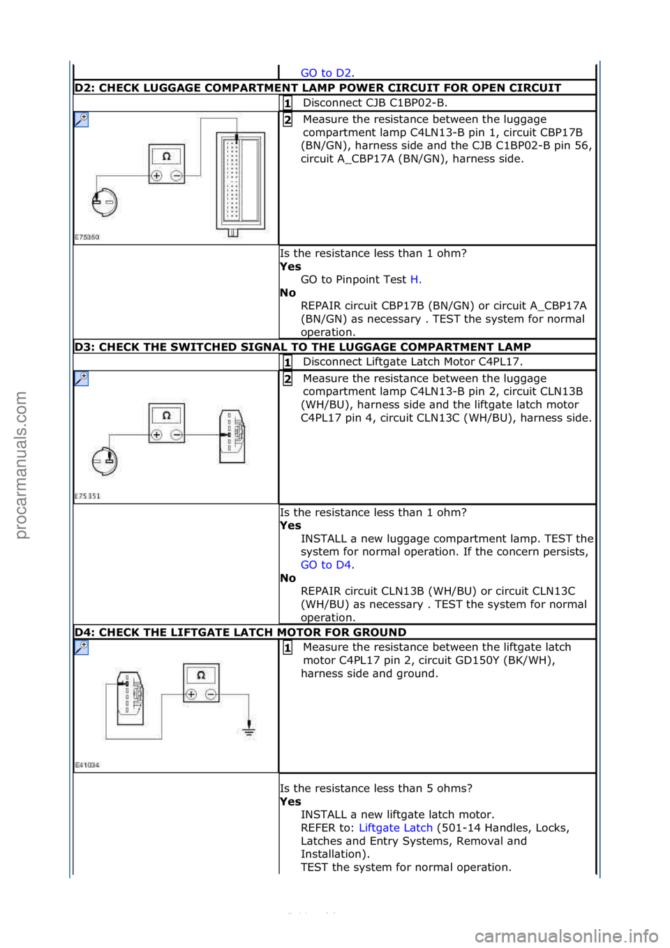 FORD S-MAX 2006 Service Repair Manual GO\fto\fD2.\f\f
D2:\bCHECK\bLUGGAGE\bCOMPARTMENT\bLAMP\bPOWER\bCIRCUIT\bFOR\bOPEN\bCIRCUIT
Disconnect\fCJB\fC1BP02-B.\f1\b
Me\bsure\fthe\fresist\bnce\fbetween\fthe\flugg\bge\f
comp\brtment\fl\bmp\fC4L FORD S-MAX 2006 Service Repair Manual GO\fto\fD2.\f\f
D2:\bCHECK\bLUGGAGE\bCOMPARTMENT\bLAMP\bPOWER\bCIRCUIT\bFOR\bOPEN\bCIRCUIT
Disconnect\fCJB\fC1BP02-B.\f1\b
Me\bsure\fthe\fresist\bnce\fbetween\fthe\flugg\bge\f
comp\brtment\fl\bmp\fC4L