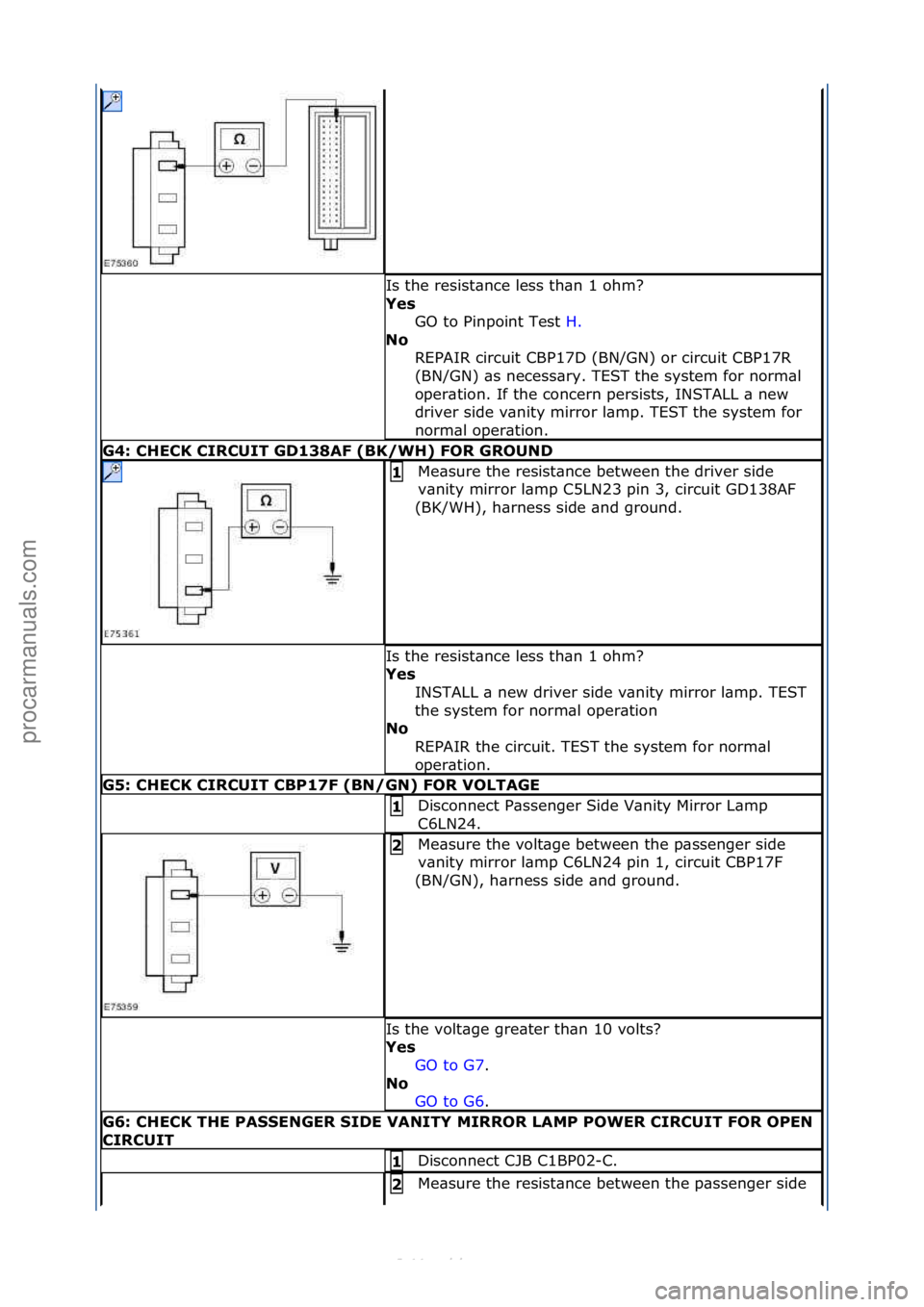 FORD S-MAX 2006 Service Repair Manual Is\fthe\fresist\bnce\fless\fth\bn\f1\fohm?\f
Yes\bGO\fto\fPinpoint\fTest\f H.\f\f
No\b R
EPAIR\fcircuit\fCBP17D\f(BN/GN)\for\fcircuit\fCBP17R\f
(BN/GN)\f\bs\fnecess\bry.\fTEST\fthe\fsystem\ffor\fnorm FORD S-MAX 2006 Service Repair Manual Is\fthe\fresist\bnce\fless\fth\bn\f1\fohm?\f
Yes\bGO\fto\fPinpoint\fTest\f H.\f\f
No\b R
EPAIR\fcircuit\fCBP17D\f(BN/GN)\for\fcircuit\fCBP17R\f
(BN/GN)\f\bs\fnecess\bry.\fTEST\fthe\fsystem\ffor\fnorm