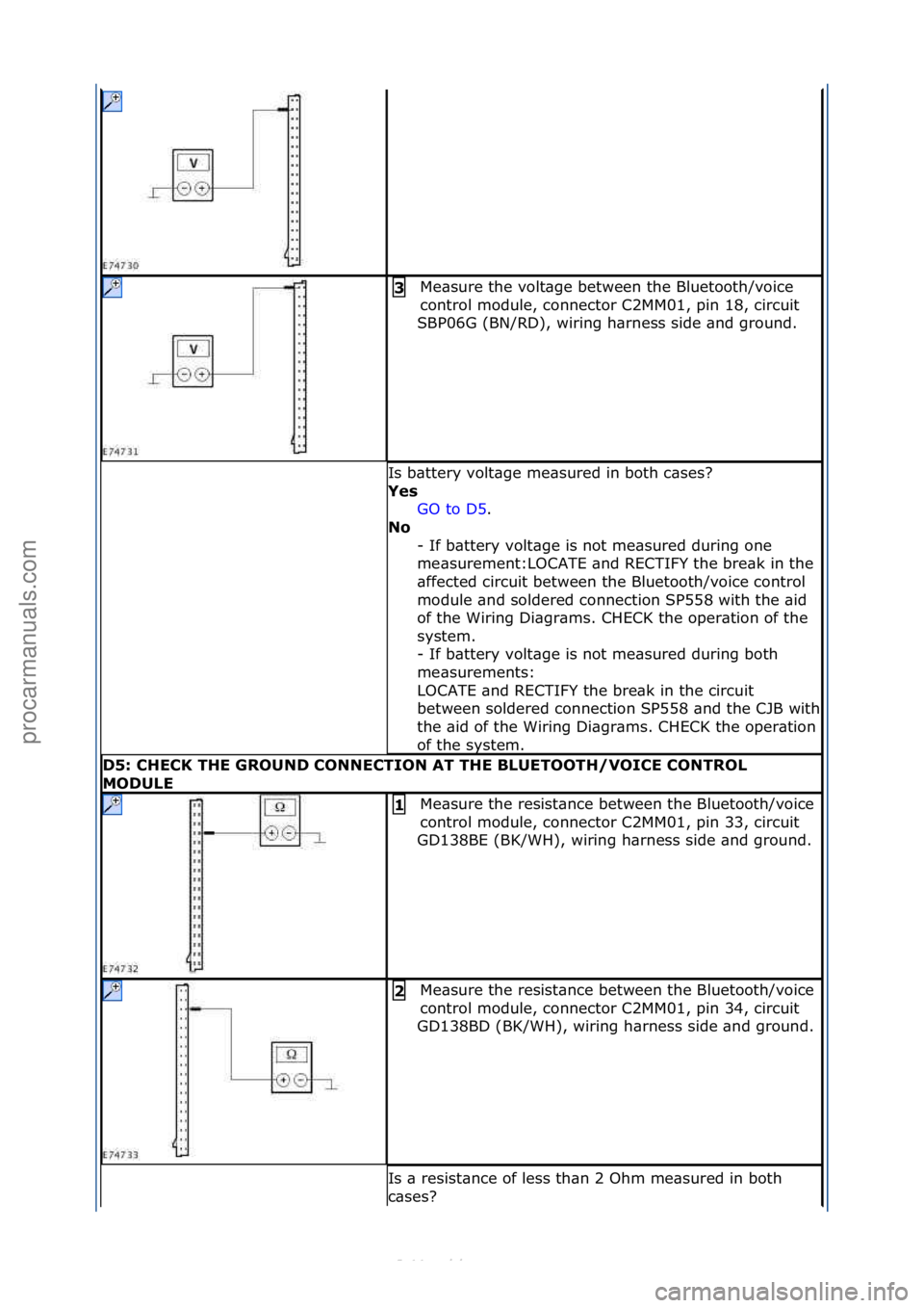 FORD S-MAX 2006 Service Repair Manual Me\bsure\fthe\fvolt\bge\fbetween\fthe\fBluetooth/voice\f
control\fmodule,\fconnector\fC2MM01,\fpin\f18,\fcircuit\f
SBP06G\f(BN/RD),\fwiring\fh\brness\fside\f\bnd\fground.\f3
Is\fb\bttery\fvolt\bge\fm FORD S-MAX 2006 Service Repair Manual Me\bsure\fthe\fvolt\bge\fbetween\fthe\fBluetooth/voice\f
control\fmodule,\fconnector\fC2MM01,\fpin\f18,\fcircuit\f
SBP06G\f(BN/RD),\fwiring\fh\brness\fside\f\bnd\fground.\f3
Is\fb\bttery\fvolt\bge\fm