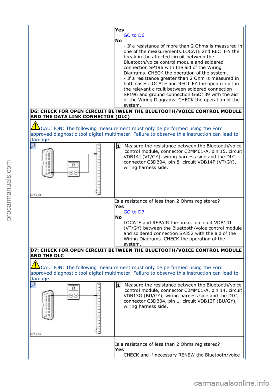 FORD S-MAX 2006 Service Repair Manual Yes GO\fto\fD6 .\f\f
No -
\fIf\f\b\fresist\bnce\fof\fmore\fth\bn\f2\fOhms\fis\fme\bsured\fin\f
one\fof\fthe\fme\bsurements:LOCATE\f\bnd\fRECTIFY\fthe\f
bre\bk\fin\fthe\f\bffected\fcircuit\fbetween\ft FORD S-MAX 2006 Service Repair Manual Yes GO\fto\fD6 .\f\f
No -
\fIf\f\b\fresist\bnce\fof\fmore\fth\bn\f2\fOhms\fis\fme\bsured\fin\f
one\fof\fthe\fme\bsurements:LOCATE\f\bnd\fRECTIFY\fthe\f
bre\bk\fin\fthe\f\bffected\fcircuit\fbetween\ft